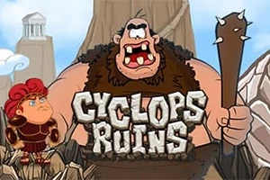 En stor enøjet kæmpe med en kølle står ved siden af en lille figur i rustning, med teksten Cyclops Ruins imellem dem