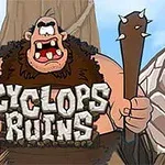 En stor enøjet kæmpe med en kølle står ved siden af en lille figur i rustning, med teksten Cyclops Ruins imellem dem