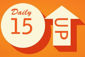 Orange baggrund med teksten Daily 15 i en cirkel og et pilformet symbol med teksten UP