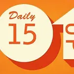 Orange baggrund med teksten Daily 15 i en cirkel og et pilformet symbol med teksten UP