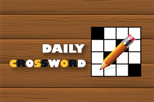 Træbaggrund med teksten Daily Crossword og et billede af en blyant oven på et delvist udfyldt krydsord
