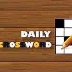 Træbaggrund med teksten Daily Crossword og et billede af en blyant oven på et delvist udfyldt krydsord