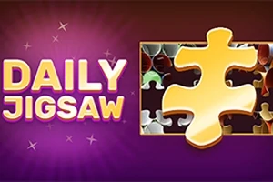 Teksten DAILY JIGSAW i fed skrift ved siden af et stort gult puslespil-brik på en lilla baggrund