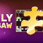 Teksten DAILY JIGSAW i fed skrift ved siden af et stort gult puslespil-brik på en lilla baggrund