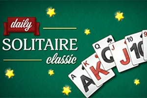 Grønt baggrundsbillede med teksten daily SOLITAIRE classic og spillekort spredt med stjerner som dekoration