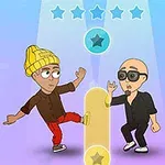To an animerede figurer danser foran en baggrund med blå og lilla nuancer, hvor en række stjerner ses foroven