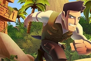 En animeret mand iført en vest løber gennem en jungle med palmer og ruiner i baggrunden