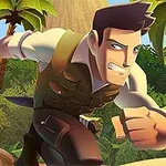 En animeret mand iført en vest løber gennem en jungle med palmer og ruiner i baggrunden