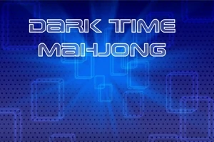 Blå baggrund med teksten Dark Time Mahjong i futuristisk skrifttype