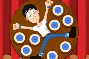 Dart Wheel En animeret person er bundet til et roterende træskive med mål omkring sig