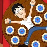 Dart Wheel En animeret person er bundet til et roterende træskive med mål omkring sig