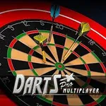 Tre dartpile rammer en dartskive, og teksten Darts Pro Multiplayer vises over skiven
