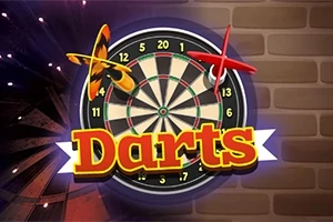 En dartskive med to pile og teksten Darts foran en murstensvæg