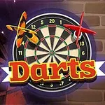 En dartskive med to pile og teksten Darts foran en murstensvæg