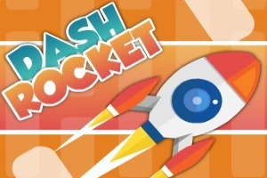 En farverig raket bevæger sig hurtigt mod højre med teksten DASH ROCKET i baggrunden på en orange stribet baggrund
