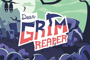 Tegneseriestil grafik af en kirkegård med gravsten, en stor måne og teksten Dear Grim Reaper i forgrunden