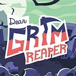 Tegneseriestil grafik af en kirkegård med gravsten, en stor måne og teksten Dear Grim Reaper i forgrunden