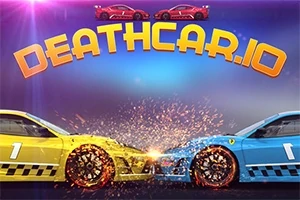 To racerbiler i gul og blå, der kolliderer, med gnister der flyver, under teksten DEATHCAR
