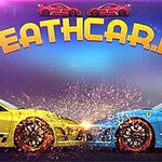 To racerbiler i gul og blå, der kolliderer, med gnister der flyver, under teksten DEATHCAR