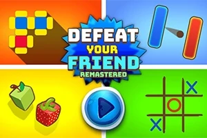 Logo med teksten Defeat Your Friend Remastered omgivet af farverige spil-ikoner, herunder blokfigurer, paddelspil, frugter og kryds-og-bolle