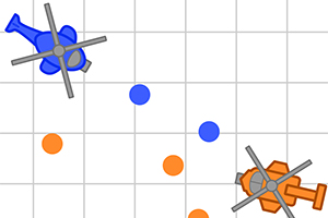 To helikoptere i blå og orange farver er placeret diagonalt på et gitterbaggrund med spredte blå og orange cirkler