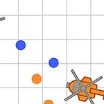To helikoptere i blå og orange farver er placeret diagonalt på et gitterbaggrund med spredte blå og orange cirkler