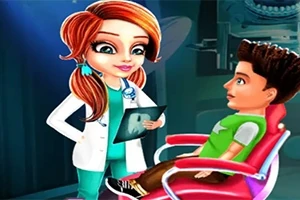 En animeret kvindelig tandlæge med rødt hår og blåøjne står ved siden af en patient i en grøn trøje, der sidder i en tandlægestol, mens hun holder et røntgenbillede
