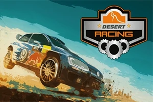 En racerbil kører gennem en ørken med et Desert Racing logo i højre hjørne