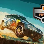 En racerbil kører gennem en ørken med et Desert Racing logo i højre hjørne
