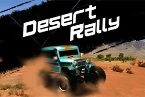 Et kraftigt terrængående køretøj kører hurtigt gennem en støvet ørken med teksten Desert Rally i baggrunden