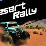 Et kraftigt terrængående køretøj kører hurtigt gennem en støvet ørken med teksten Desert Rally i baggrunden