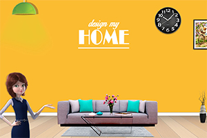 En stue med en grå sofa, et sofabord, en vase med blomster, en gul væg med teksten design my HOME, en vægur, en lampe og en kvinde til venstre