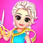Tegnefilmsfigur med stort hår og store øjne holder saks og målebånd mod lyserød baggrund
