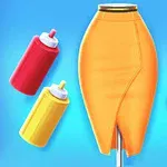 En orange nederdel på en mannequin omgivet af spraydåser i forskellige farver mod en blå baggrund