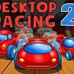 Tegnefilm-stil røde legetøjsbiler på et bord med teksten Desktop Racing 2 i baggrunden