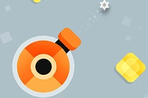 Orange og sort kanon skyder en stjerneformet projektil på en grå baggrund med gule og grå firkanter