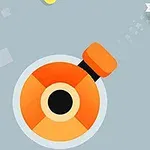 Orange og sort kanon skyder en stjerneformet projektil på en grå baggrund med gule og grå firkanter