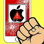 En knytnæve foran en smartphone-skærm med et knust glas og et advarselssymbol over et æblelogo