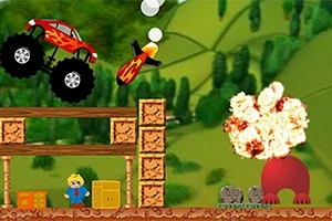 En monstertruck med flammer på, en missil i luften, en eksplosion, og en figur står under en træstruktur med kasser i en grøn landskabsscene