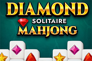 Tekst i gyldne bogstaver med ordet Diamond Solitaire Mahjong samt terninglignende stykker dekoreret med farvede ædelsten