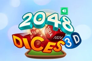 Teksten 2048 Dices 3D i farverige bogstaver foran en baggrund med terninger og en lydikon