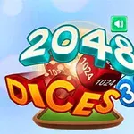 Teksten 2048 Dices 3D i farverige bogstaver foran en baggrund med terninger og en lydikon