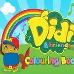 Didi & Friends farvebog illustration med en regnbue, farveblyanter, og en sommerfugl på en grøn baggrund