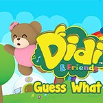 En tegneserieugle med en rød kasket og en brun bamse flyver foran en regnbue i en lyseblå himmel med teksten Didi & Friends Guess What?