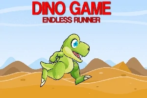 Grøn dinosaur løber i ørkenlandskab med bjerge i baggrunden, med teksten Dino Game Endless Runner øverst