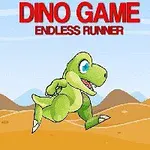 Grøn dinosaur løber i ørkenlandskab med bjerge i baggrunden, med teksten Dino Game Endless Runner øverst