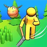 En gul figur svinger en skovl foran et træ i et tegneserieagtigt landskab med træer og en smilende orange væsen i baggrunden
