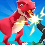 Rød dinosaurus står overfor en stor sort maskine med lysglimt imellem dem på en blå baggrund