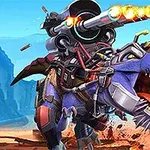 En robotisk dinosaur med en stor kanon på ryggen, der skyder ildkugler i en ørkenlignende baggrund