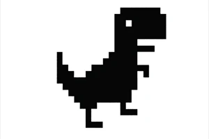 Sort pixelgrafik af en dinosaur med en hvid baggrund